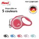 Laisse rétractable pour chien flexi en rose, étiquetée "NEW COMFORT," disponible en 5 couleurs, avec un logo indiquant "Original flexi® Quality, Made in Germany."