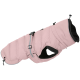 A pink puffer dog coat with a soft black lining, featuring adjustable straps and a snug fit for warmth.