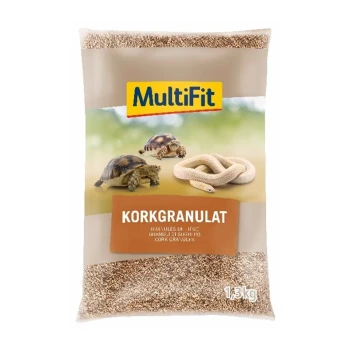 Un sac de granulés de liège MultiFit pour reptiles, avec des images de tortues et d'un serpent, étiqueté "Korkgranulat" et pesant 1,3 kg.