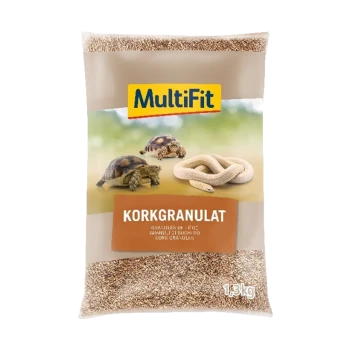 Un sac de granulés de liège MultiFit pour reptiles, avec des images de tortues et d'un serpent, étiqueté "Korkgranulat" et pesant 1,3 kg.