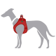 Eine graue Silhouette eines Hundes, der ein rotes Geschirr mit einem grünen Logo trägt, das das Design und die Passform des Geschirrs zeigt.