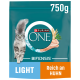 Purina ONE Bifensis Katzenfuttertüte, 750g, mit einer flauschigen grauen Katze, mit den Texten "LIGHT" und "Reich an Huhn".