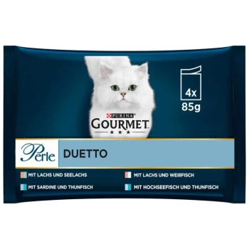 Die Verpackung von Purina Gourmet Perle Duetto Katzenfutter zeigt eine weiße Katze mit grünen Augen und bietet vier 85g Portionen: Lachs, Weißfisch, Sardine, Thunfisch.