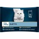 L'emballage de la nourriture pour chats Purina Gourmet Perle Duetto montre un chat blanc aux yeux verts, offrant quatre portions de 85g : saumon, poisson blanc, sardine, thon.