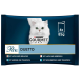 Die Verpackung von Purina Gourmet Perle Duetto Katzenfutter zeigt eine weiße Katze mit grünen Augen und bietet vier 85g Portionen: Lachs, Weißfisch, Sardine, Thunfisch.