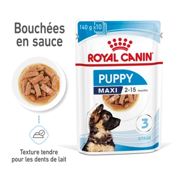 Emballage de nourriture pour chiots Royal Canin montrant le profil d'un chiot et le texte : "Bouchées en sauce," "PUPPY," "MAXI 2-15 mois," "Texture tendre."