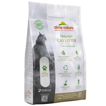 Almo Nature Natur Katzenstreu Tüte, 100% pflanzenbasiert, mit Katzensilhouette und Text zu Saugfähigkeit, Weichheit, Geruchskontrolle und Kompostierbarkeit.