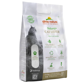 Almo Nature Natur Katzenstreu Tüte, 100% pflanzenbasiert, mit Katzensilhouette und Text zu Saugfähigkeit, Weichheit, Geruchskontrolle und Kompostierbarkeit.