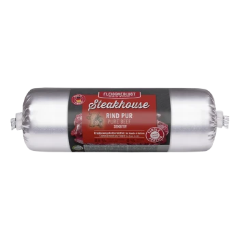 Silberne Rolle Tierfutter mit der Aufschrift 'Fleischeslust Steakhouse Rind Pur / Pure Beef Sensitiv', Ergänzungsfuttermittel für Hunde und Katzen