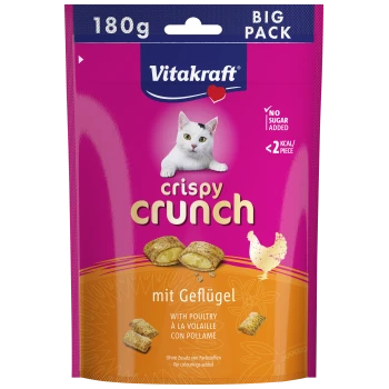 Vitakraft Crispy Crunch Katzenleckerlis 180 g Big Pack, Bild einer weißen Katze, Aufschrift 'mit Geflügel / with poultry', 'Ohne Zuckerzusatz'.