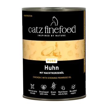 Catz Finefood Pure Huhn Katzenfutterdose mit Huhn und Nachtkerzenöl, getreidefrei, ohne Zuckerzusatz, tierärztlich entwickelt.