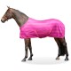 Ein braunes Pferd trägt eine leuchtend pink gestreifte Decke mit verstellbaren Riemen und steht vor einem weißen Hintergrund.