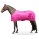 Ein braunes Pferd trägt eine leuchtend pink gestreifte Decke mit verstellbaren Riemen und steht vor einem weißen Hintergrund.