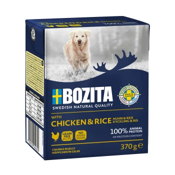 Eine blaue und gelbe Haustierfutterbox mit einem Golden Retriever auf der Vorderseite, beschriftet mit "BOZITA mit Hähnchen & Reis," 370g, getreidefrei, ohne Zuckerzusatz.