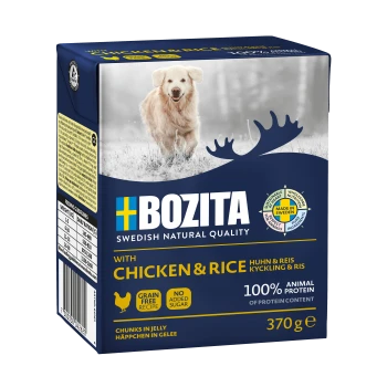 Niebiesko-żółte pudełko z karmą dla zwierząt z wizerunkiem złotego retrievera z przodu, oznaczone 'BOZITA z Kurczakiem i Ryżem,' 370g, bez zbóż, bez dodatku cukru.