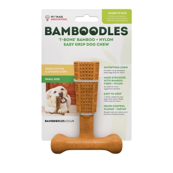 Peanut butter flavored dog chew toy in T-bone shape, made of bamboo and nylon, with text highlighting durability and dental benefits.