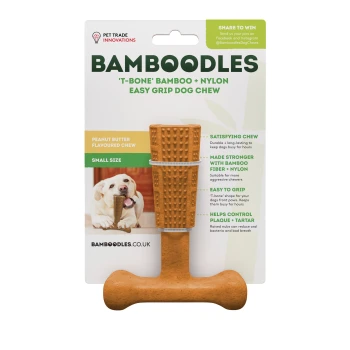 Peanut butter flavored dog chew toy in T-bone shape, made of bamboo and nylon, with text highlighting durability and dental benefits.
