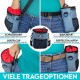 Denim-Tierleckerlitasche mit ropem Zugband, am Hüft getragen. Text: "Schultergurt," "Gürtelclip," "Bauchgurt," "VIELE TRAGEOPTIONEN."
