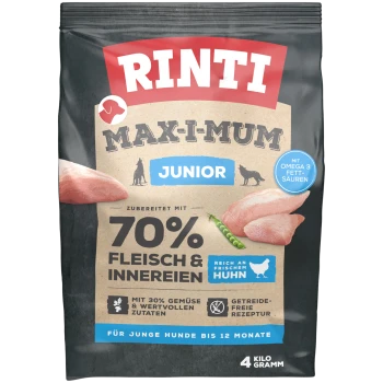 Hondenvoerzak gelabeld 'Rinti Max-I-Mum Junior', met 70% vlees en organen, met verse kip, 30% groenten en een graanvrij recept.