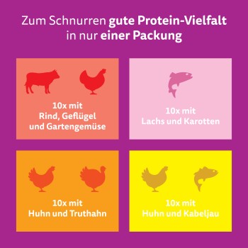 Lila Anzeige: 'Proteinvielfalt in einer Packung', vier Boxen: 10x Rind/Geflügel/Garten‑Gemüse; Lachs/Karotte; Huhn/Truthahn; Huhn/Kabeljau.