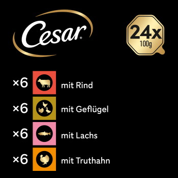 Cesar-Logo, goldene '24x 100g' Plakette, Liste: ×6 mit Rind; ×6 mit Geflügel; ×6 mit Lachs; ×6 mit Truthahn.