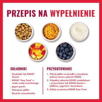 Obraz zatytułowany "PRZEPIS NA WYPEŁNIENIE" pokazujący miski z karmą, masłem orzechowym, jogurtem, kawałkami jabłka i jagodami; nagłówki "SKŁADNIKI" i "PRZYGOTOWANIE".