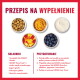 Obraz zatytułowany "PRZEPIS NA WYPEŁNIENIE" pokazujący miski z karmą, masłem orzechowym, jogurtem, kawałkami jabłka i jagodami; nagłówki "SKŁADNIKI" i "PRZYGOTOWANIE".