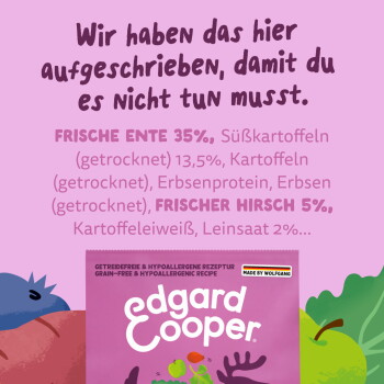 Rosa Edgard Cooper Futtersack mit deutschem Text 'Frische Ente 35%, Frischer Hirsch 5%.'