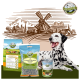 Ein glücklicher Dalmatiner sitzt neben Bellfor-Tierfutterprodukten, darunter "Landgut-Happen," "Landgut-Menü Insekten" und Trockenfutter, neben einer Windmühle.