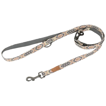Laisse pour chien avec motif géométrique beige, gris et marron, avec clips métalliques et poignée rembourrée.