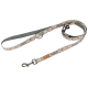 Dog leash with geometric pattern in beige, gray, and brown, featuring metal clips and a padded handle.