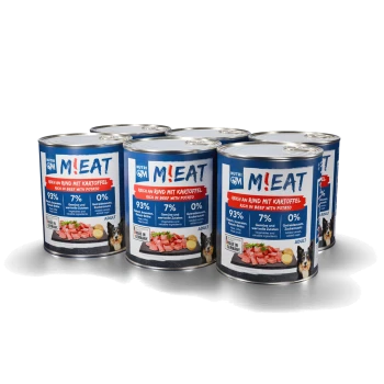 Sechs Dosen Nutri QM M!EAT Hundefutter für Erwachsene, reich an Rind mit Kartoffel, hergestellt in Deutschland, 93 % Fleischanteil.