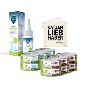 Tierprodukte: "Vermal Tropfen" Tropfen, Dosen "Lachs & Truthahn" und "Huhn" Katzenfutter sowie eine Tragetasche mit der Aufschrift "KATZEN LIEB HABER."