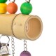 Bunte Holzperlen und eine Glocke hängen von einer Bambusstange, die ein für Vögel entworfenes Spielzeug zeigt.