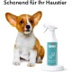 Corgi-Welpe sitzt neben einer Flasche Envira Anti-Knabber-Spray, mit dem Text 'Schonend für Ihr Haustier' darüber.