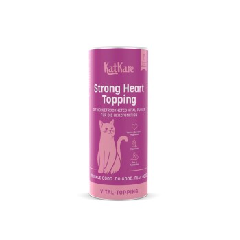 Rosa KatKare 'Strong Heart Topping'-Dose für Katzen mit Katzenillustration, beschriftet mit 'Vital-Topping' und kleinem Slogan.
