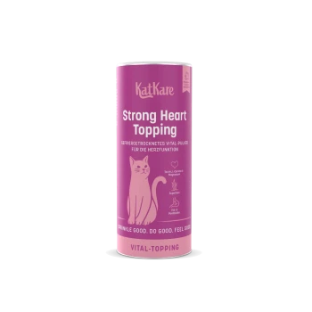 Rosa KatKare 'Strong Heart Topping'-Dose für Katzen mit Katzenillustration, beschriftet mit 'Vital-Topping' und kleinem Slogan.