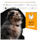 Ein flauschiger Hund mit einem braunen Halsband schaut seitlich, mit dem Text: "Perfekt gegart für einen köstlichen Geschmack" und "Nr. 1 Zutat Huhn."