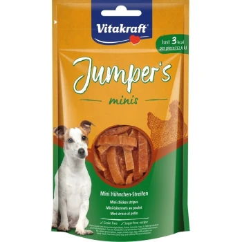 Opakowanie przysmaków dla psów Vitakraft Jumper's Minis z mini paskami z kurczaka, oznaczone 'Grain free' i 'Sugar free recipe', z wizerunkiem psa.