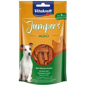 Emballage de friandises pour chiens Vitakraft Jumper's Minis avec des bandes de poulet miniatures, étiqueté "Sans céréales" et "Recette sans sucre," avec une image de chien.