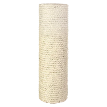 Un grand griffoir cylindrique recouvert de corde de sisal naturel, conçu pour que les chats puissent gratter et jouer.