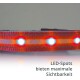 LED-Hundehalsband mit leuchtend roten und blauen LED-Punkten, mit dem Text 'LED-Spots bieten maximale Sichtbarkeit' auf Deutsch.