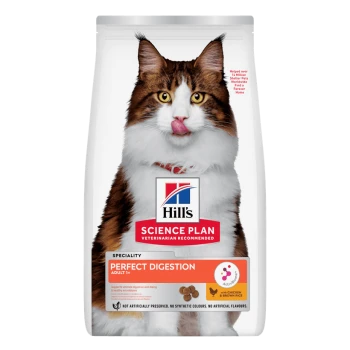 Hill's Science Plan kattenvoer met een likkende bruin-witte kat; etiket 'Perfect Digestion Adult 1+' (kip & bruine rijst)