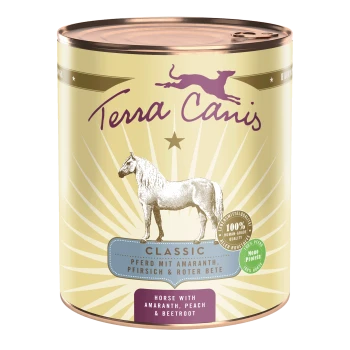 Dose Terra Canis Haustierfutter mit einer silbernen Pferdeillustration, beschriftet mit "Classic" und Zutaten: Pferd, Amaranth, Pfirsich und Rote Beete.