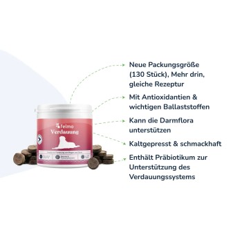 Felmo Verdauung Dose mit Hundeverdauungsleckerlis in Pelletform; deutscher Text: 130 Stück, Präbiotikum, Antioxidantien.