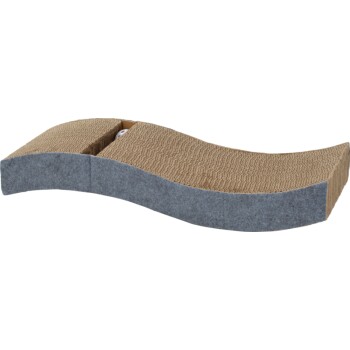 Gebogener Kratzkarton für Katzen mit grauen Filzseiten, entworfen zum Kratzen und Ausruhen.