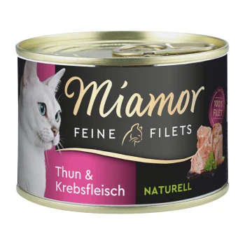 Dose mit Katzenfutter, die das Gesicht einer weißen Katze zeigt, mit der Aufschrift "Miamor Feine Filets," und den Texten "Thun & Krebsfleisch" und "Naturrell."
