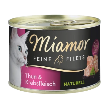 Dose mit Katzenfutter, die das Gesicht einer weißen Katze zeigt, mit der Aufschrift "Miamor Feine Filets," und den Texten "Thun & Krebsfleisch" und "Naturrell."