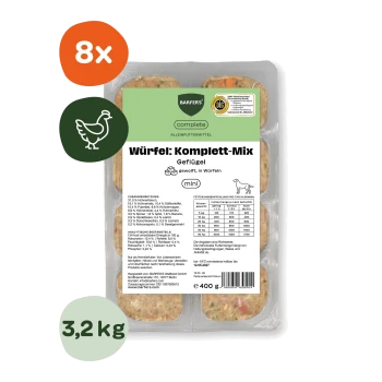 Packung gefrorener Futterwürfel mit Aufschrift 'Würfel: Komplett‑Mix Geflügel mini' mit '8×' und '3,2 kg' Abzeichen.