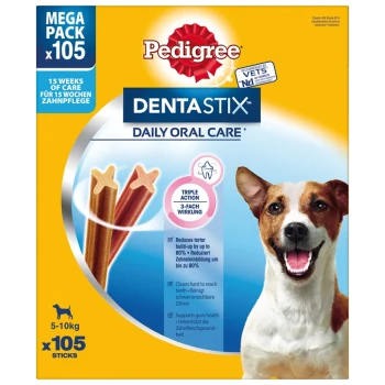 Pedigree DentaStix tägliche Mundpflege, Mega-Pack mit 105 Sticks für Hunde von 5-10 kg, behauptet, die Zahnsteinbildung um bis zu 80 % zu reduzieren.